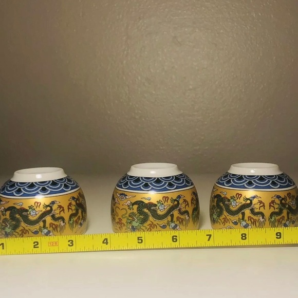 Antique Japanese Cups Asian Style Stoneware Dragon Design set of 3 - Picture 7 of 8